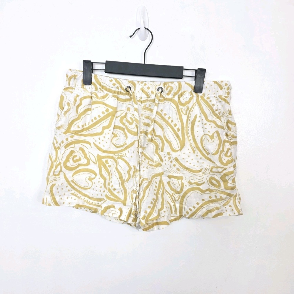 C&C California White Green Patterned 100% Linen Beachy Drawstring Shorts Size M